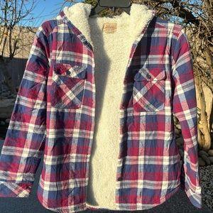 Boston traders women hooded shirt jacket Sherpa flannel checkered pockets size M